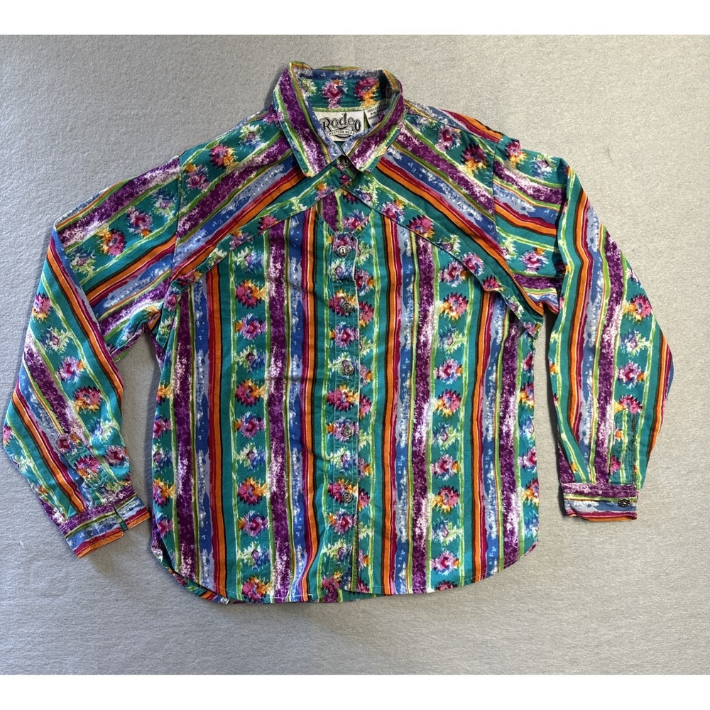 Rodeo Western Wear Aztec Keyhole Blouse Women's Vtg Southwestern Long Sleeve L
